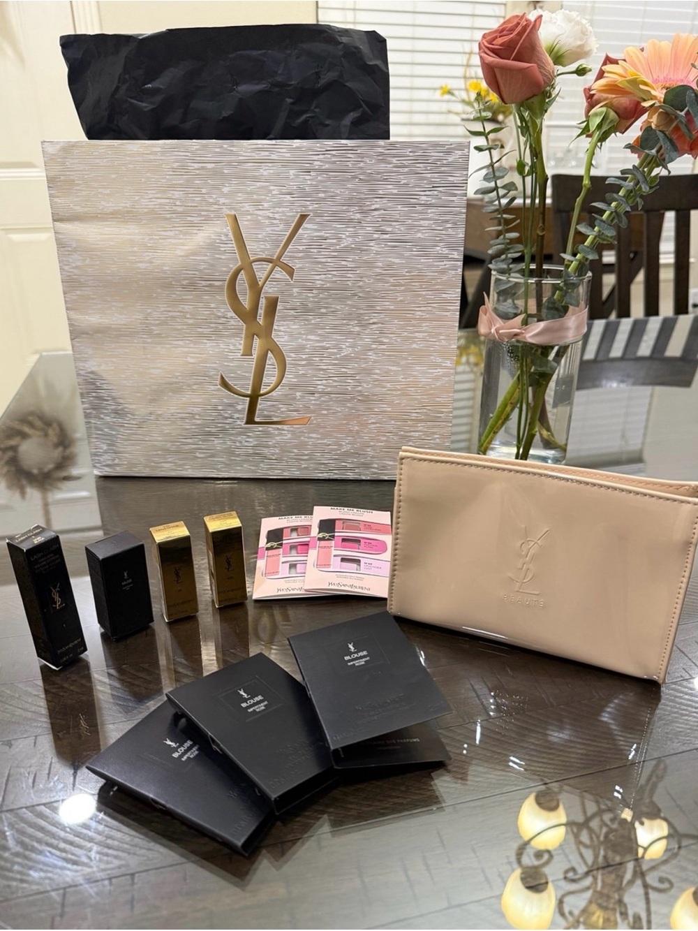Yves Saint Laurent Nude Beige Logo Cosmetic Pouch with Sample Set